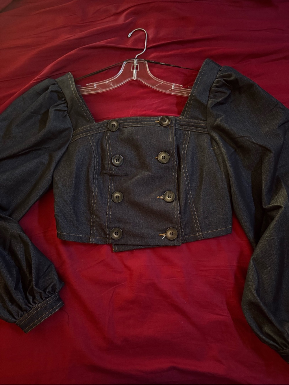 NWT Ciebon Dark Denim Puff-Sleeve Cropped Button Top Sz Smal